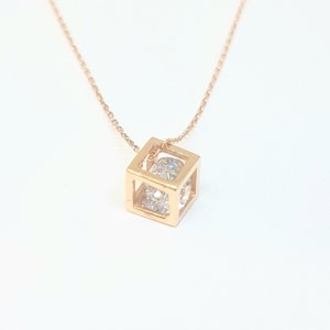14K Real Solid Gold Cube Style Inside Zirconia Stone Tiny Charm Dainty Pendant Necklace for Women , Gold Cube Necklace , Geometric Necklace