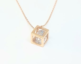 14K Real Solid Gold Cube Style Inside Zirconia Stone Tiny Charm Dainty Pendant Necklace for Women , Gold Cube Necklace , Geometric Necklace