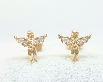 Pendientes de ángel de oro macizo de 14 quilates para mujer, regalo para ella, pendientes de ángel de la guarda, pendientes de ángel, pendientes minimalistas