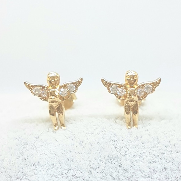 14K Solid Gold Angel Stud Earrings for Women , Gift for Her , Guardian Angel Earrings , Angel Earrings Studs , Minimalist Earrings