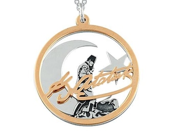 925K Sterling Silver ATATURK Necklace , Mustafa Kemal Pasha , Ataturk Signature Necklace , Iconic Ataturk Silhouette ,Moon and Star Necklace