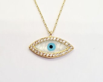 14K Gold Evil Eye Necklace for Women , Mother of Pearl Evil Eye Pendant , Mother of Pearl Jewelry , Christmas Gift for her, Handmade Jewelry
