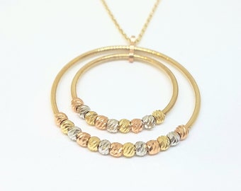 14K Real Solid Gold Two Ring Circle Necklace with Italian Balls , Dainty Pendant Necklace for Women , Gift for Her mom, Gold Ring Necklace