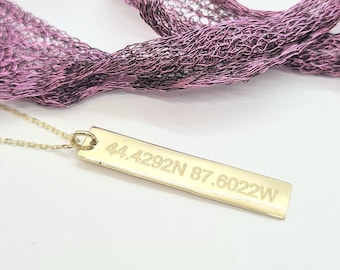 14K Real Solid Gold Vertical Coordinate Bar Necklace for Women , Custom Coordinates Necklace,  Personalized Bar Necklace, Latitude Longitude