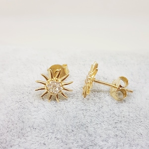 14K Real Solid Gold Sun Stud Earrings for Women , Sun Earrings Studs , Tiny CZ Sun Studs Earrings , Summer Jewelry , Christmas Birthday Gift