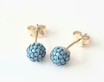 14K Real Solid Gold Turquoise Stud Earrings for Women , 6MM Stud Earrings for Women , Round Turquoise Stud Earrings , Birthday Gift for Her