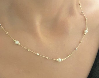 14K Echtgold Perlen Perlen und italienische Kugeln Anhänger Halskette für Frauen, Zierliche Perlenkette, 14K Gold Perlenketten für Frauen