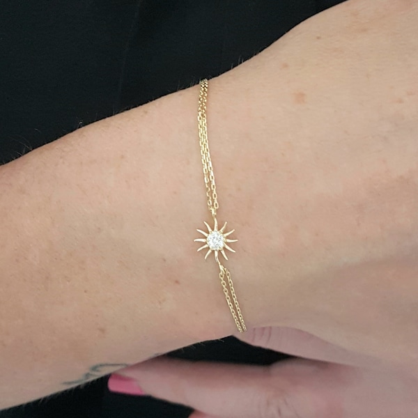 14K Real Solid Gold Sun Bracelet for Women, Gift for her , Handmade Jewelry, Christmas Gift , The best way to say You are My Sunshine