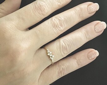 14K Solid Gold CZ Cluster Ring, Dainty Stacking Ring