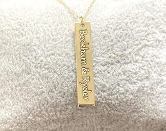 14K Real Solid Gold Vertical Coordinate Bar Necklace for Women , Custom Name Necklace,  Personalized Bar Necklace, Latitude Longitude