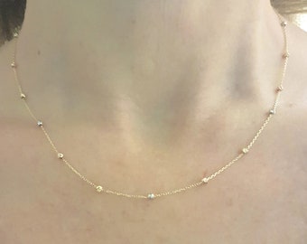 14K Real Solid Gold Row Kette Perlen Italienische Kugeln Halskette für Frauen, Kette Perlen Satelliten Halskette Gold, Weihnachtsgeschenke, Geschenk für Sie