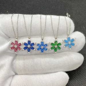 925K Sterling Silver Lotus Birthstone Necklace for Women , Aquamarine Emerald Ruby Sapphire Turquoise Pendant, Christmas Birthday gifts