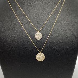 14K Solid Gold CZ Round Necklace for Women , CZ Pave Pendant , Disc Necklace Gold , Circle Necklace , Birthday gift for her , Casual Jewelry