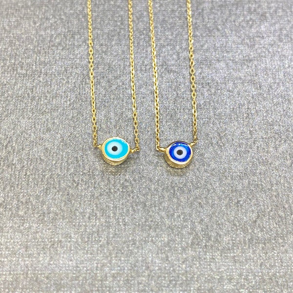 14K Yellow Gold Evil Eye Single Pendant Necklace , Lucky Nazar Protection Necklace For Women , Navy Blue or Turquoise , Evil Eye Jewelry