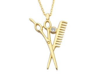 14K Real Solid Gold Schere und Kamm Anhänger Halskette, Friseur Dresser Salon Geschenk, Mode Barber Beauty Shop Halskette für Frauen