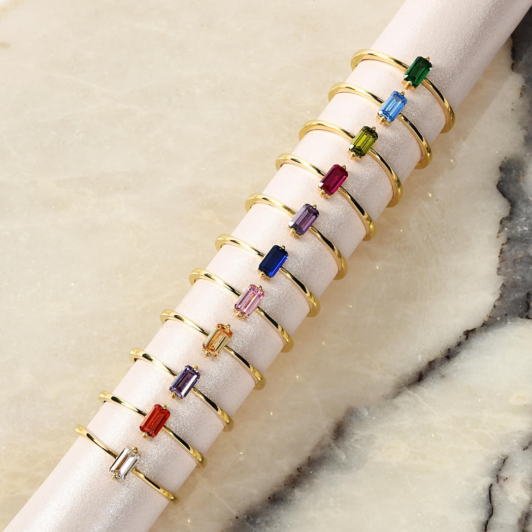 Yfmlm Rigs 14K Gold Baguette Birthstone Ring, Personalized Family Rings , CZ Multi ...