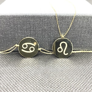 14K Solid Gold Zodiac Disc Bracelet, Horoscope Astrology Jewelry