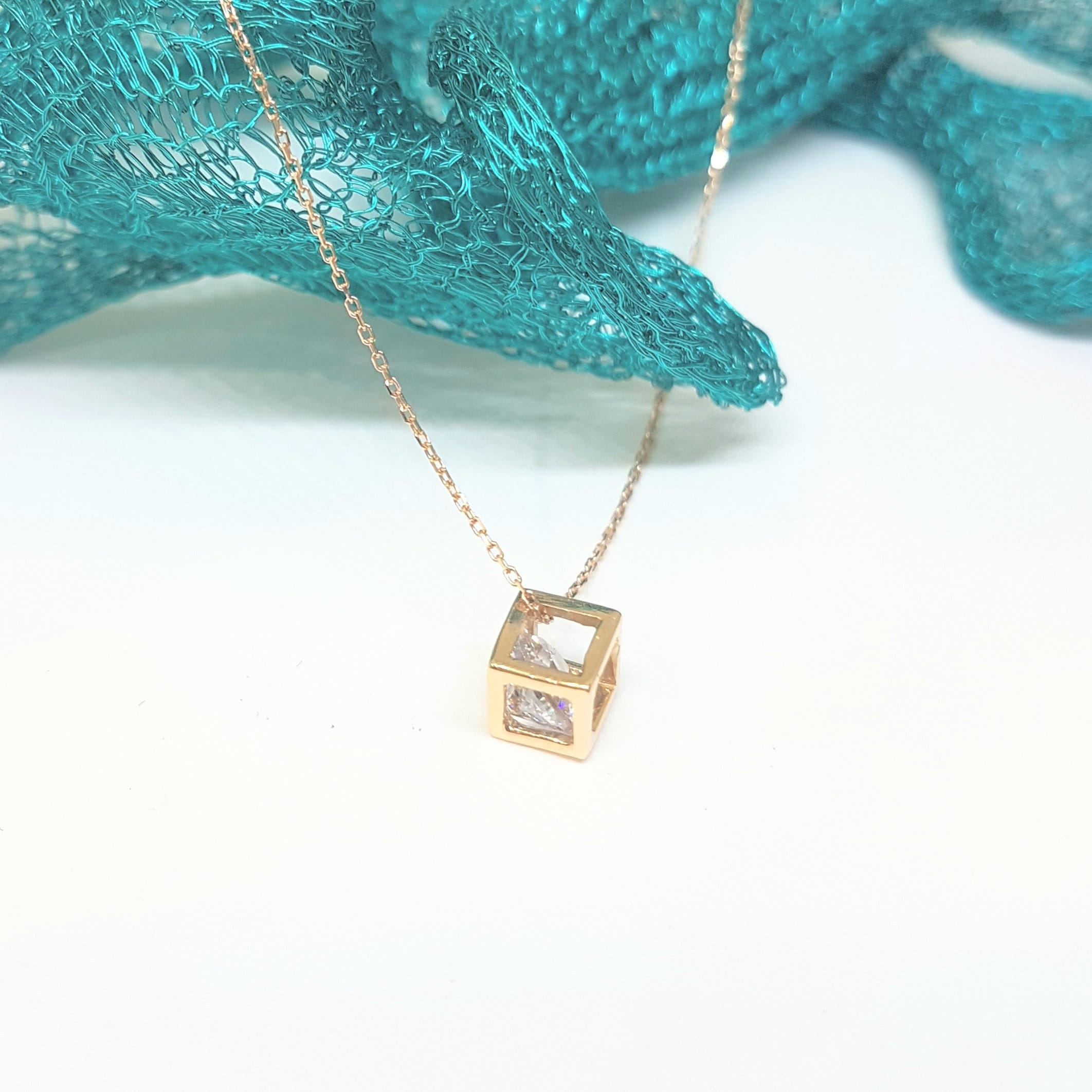 14K Real Solid Gold Cube Style Inside Zirconia Stone Tiny