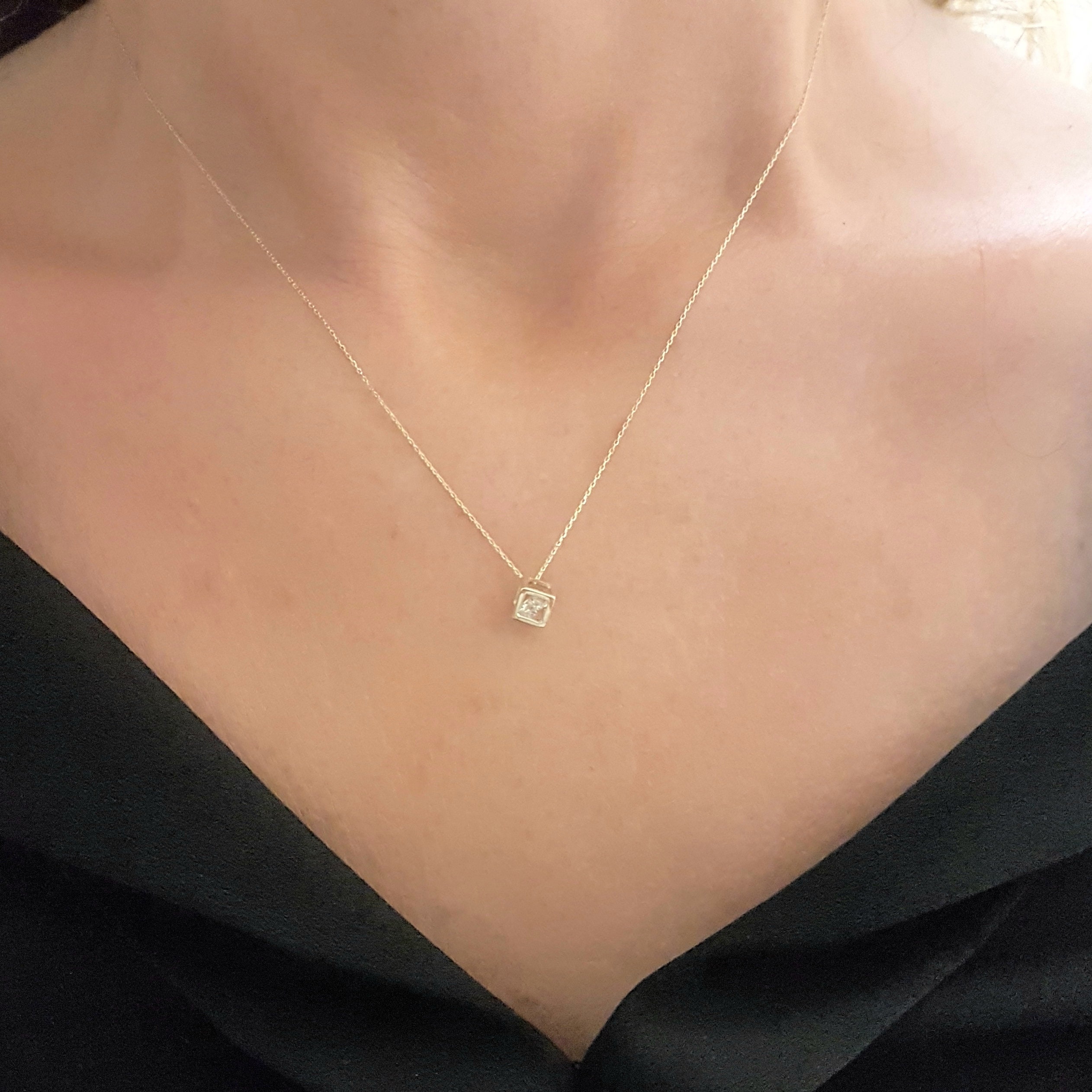 14K Real Solid Gold Cube Style Inside Zirconia Stone Tiny