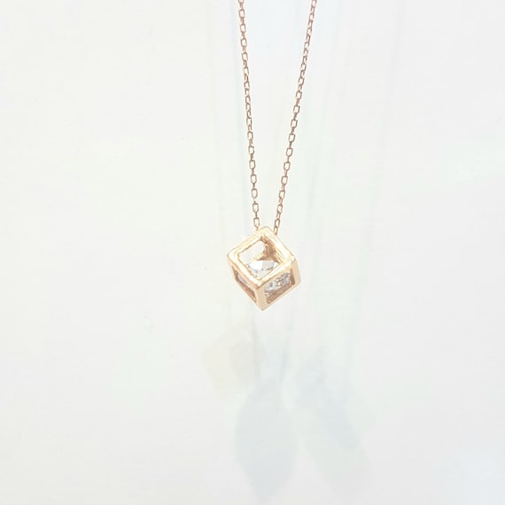 14K Real Solid Gold Cube Style Inside Zirconia Stone Tiny