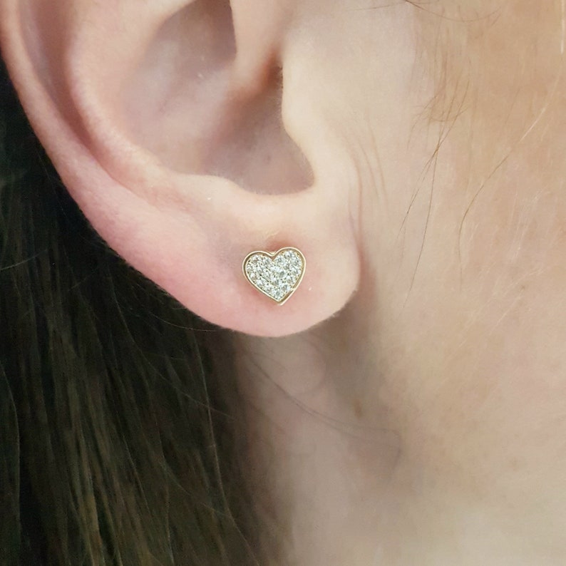 14K Real Solid Gold Heart Stud Earrings for Women , CZ Heart Stud Earrings Gold , Dainty Minimalist Heart Earrings Stud , Gift for Her mom