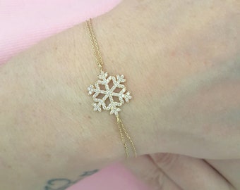 14K Real Solid Gold Snowflake Bracelet for Women , Handmade jewelry , Snowflake Bracelet Gold , Christmas Birthday Gift for her mom