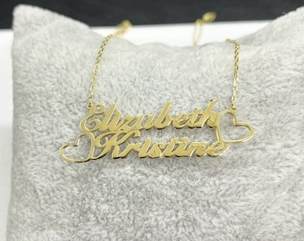 Collar personalizado de oro macizo de 14 quilates con dos nombres para mujer, collar de oro con dos nombres, regalo familiar, regalos personalizados, joyería con nombre