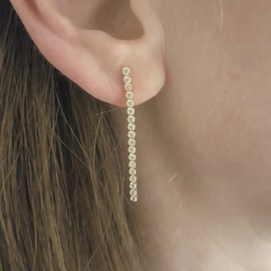 14K Real Solid Gold CZ Stud Tennis Earrings for Women , Dainty CZ Stud Earrings , Cubic Zirconia Long Earrings , Christmas Gift for Her