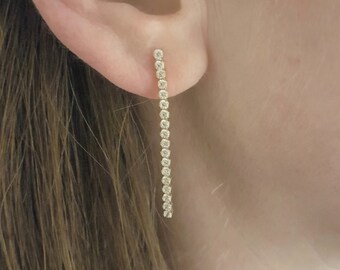 14K Real Solid Gold CZ Stud Tennis Earrings for Women , Dainty CZ Stud Earrings , Cubic Zirconia Long Earrings , Christmas Gift for Her