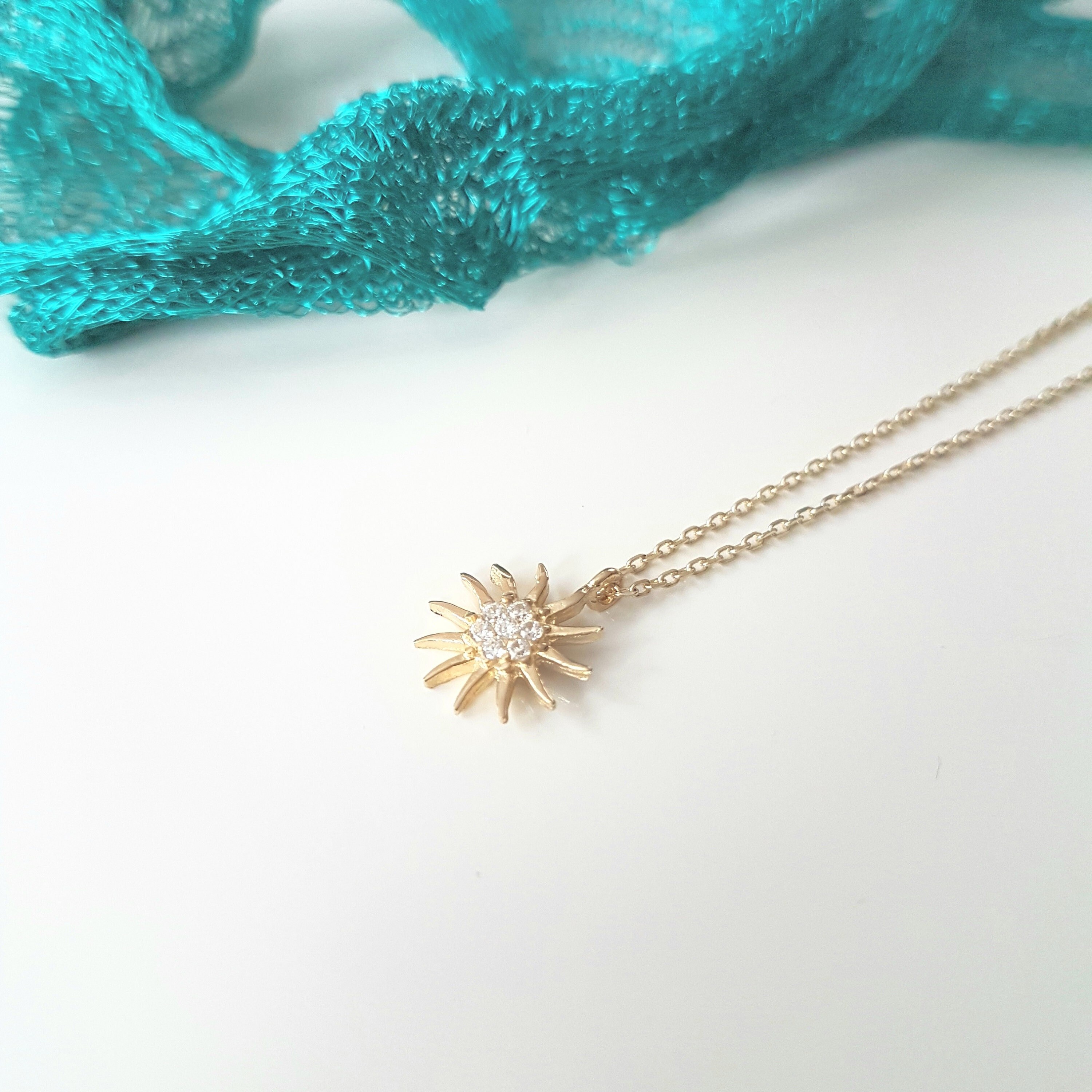 14K Real Solid Gold Sun Necklace for 