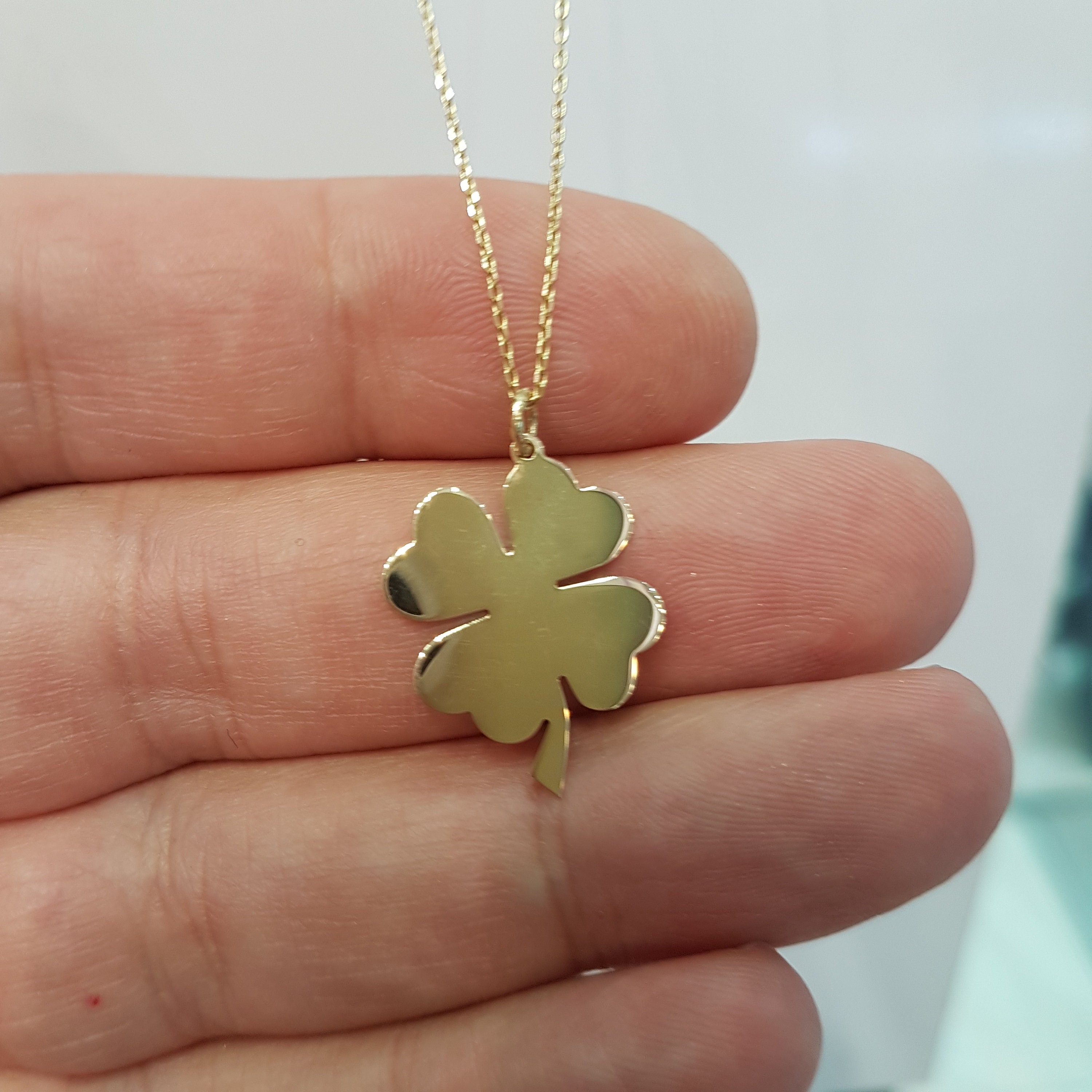 14K Real Solid Gold Four Leaf Clover Pendant Necklace for