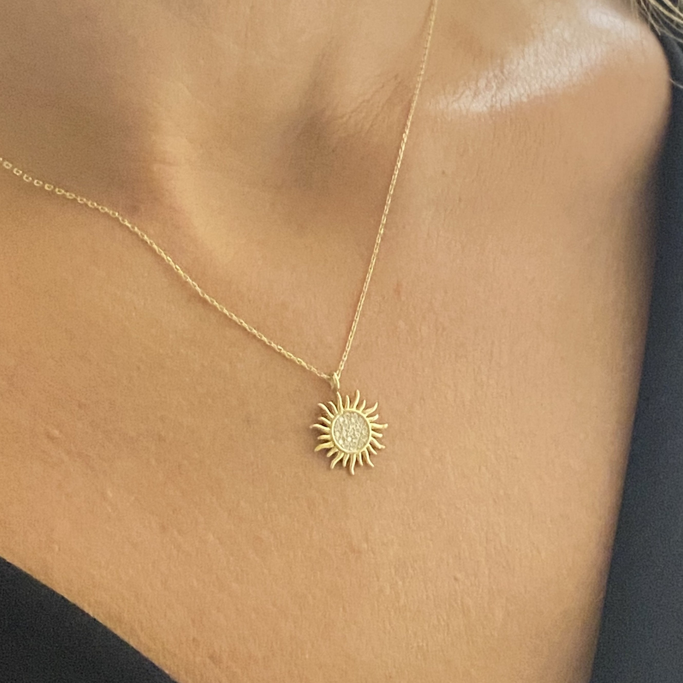 Solid Gold Sun Pendant Necklace 