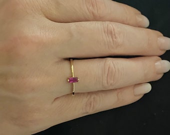 14K Solid Gold Baguette Ruby Ring, July Birthstone