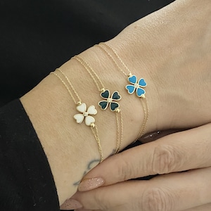 14K Solid Gold Four Leaf Clover Bracelet , Gift for Her ,Four Leaf Green Clover Gold, Charm Bracelet, Gold Clover Bracelet ,Handmade Jewelry
