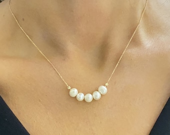 14K Real Solid Gold Beaded Pearl Necklace for Women , Dainty Freshwater Pearl Bead Necklace , Bridesmaids Jewelry , Birthday Gifts for Her