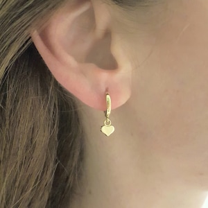 14K Real Solid Gold Heart Drop Dangle Hoop Earrings for Women , Dainty Heart Hoop Earrings Gold , Gift for Her , Minimalist Heart Earrings