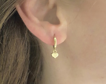 14K Real Solid Gold Heart Drop Dangle Hoop Earrings for Women , Dainty Heart Hoop Earrings Gold , Gift for Her , Minimalist Heart Earrings