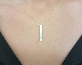 Collana con barra verticale in oro massiccio 14K per donna, ciondolo con barra CZ, regalo di compleanno, regalo di Natale, regalo per la mamma, gioielli fatti a mano