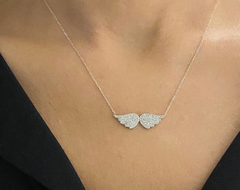Collar de alas de ángel de plata de ley 925 quilates para mujer, colgante de alas de ángel con pavé de circonitas cúbicas, collar minimalista de capas de plata, regalo de cumpleaños y Navidad.