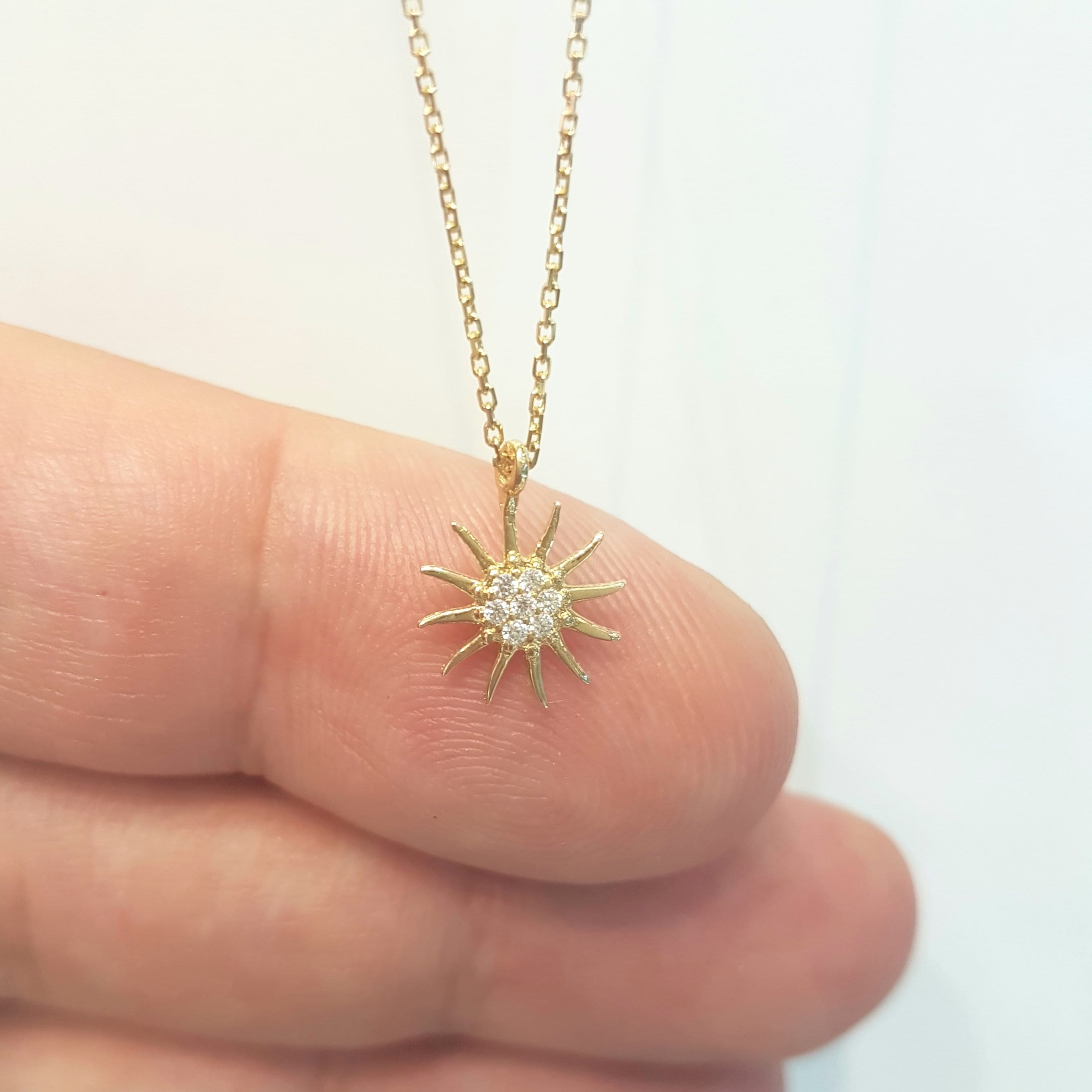 14K Real Solid Gold Sun Necklace for 