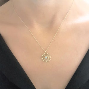 14K Real Solid Gold Turquoise Evil Eye Sun Pendant Necklace for Women , December Birthstone Necklace , Sun Necklace Gold , Evil Eye Necklace