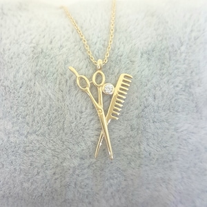 14K Real Solid Gold Scissors and Comb Pendant Necklace , Hair Stylist Dresser Salon Gift , Fashion Barber Beauty Shop Necklace for Women