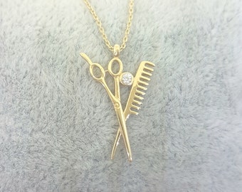 14K Real Solid Gold Scissors and Comb Pendant Necklace , Hair Stylist Dresser Salon Gift , Fashion Barber Beauty Shop Necklace for Women