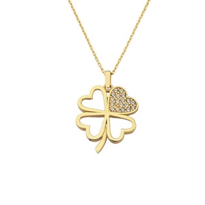 14K Prawdziwe Solidne Złoto CZ Czterolistna Koniczyna Naszyjnik dla Kobiet, Lucky Charm Czterolistna Koniczyna Biżuteria, Wisiorek Czterolistna Koniczyna, Prezent dla Jej mamy