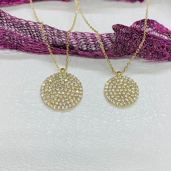 14K Solid Gold CZ Round Necklace for Women , CZ Pave Pendant , Disc Necklace Gold , Circle Necklace , Birthday gift for her , Casual Jewelry