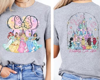 Disney All Princess Shirt with Minnie Mouse Head Shirt, Princess Front and Back Tee, Happily Ever After T-shirt for Girls, Castle Princess