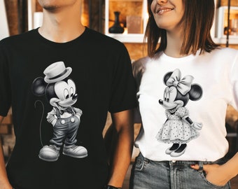 Vintage Mickey and Minnie Couple Shirt, Disney Nostalgia Mickey Mouse Shirt, Couple Disneyland Shirt, Disney Silhouette Tee, Unisex Shirts