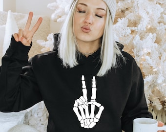 Skeleton Peace Sign Halloween Hoodie: Matching Costume Tee