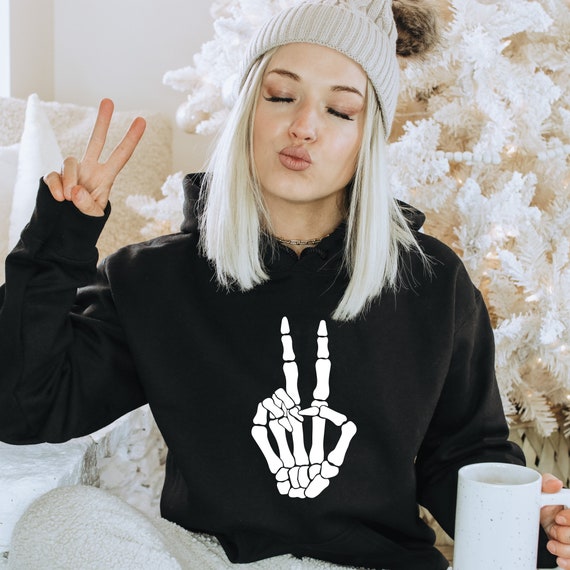 Skeleton Peace Sign Halloween Hoodie: Matching Costume Tee