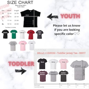 K&ouml;nnte beinhalten: Gr&ouml;&szlig;entabelle f&uuml;r Bella + Canvas Jugend- und Kleinkind-T-Shirts. Die Tabelle zeigt Brust- und L&auml;ngenma&szlig;e in Zoll f&uuml;r die Gr&ouml;&szlig;en S, M, L und XL f&uuml;r Jugend-T-Shirts und die Gr&ouml;&szlig;en 2T, 3T, 4T und 5T f&uuml;r Kleinkind-T-Shirts. Die Tabelle zeigt auch verschiedene Farboptionen f&uuml;r die Shirts, darunter Schwarz, Wei&szlig;, Rot, Kellygr&uuml;n, Heather Dark Grey, Athletic Heather, Ash und Pink.